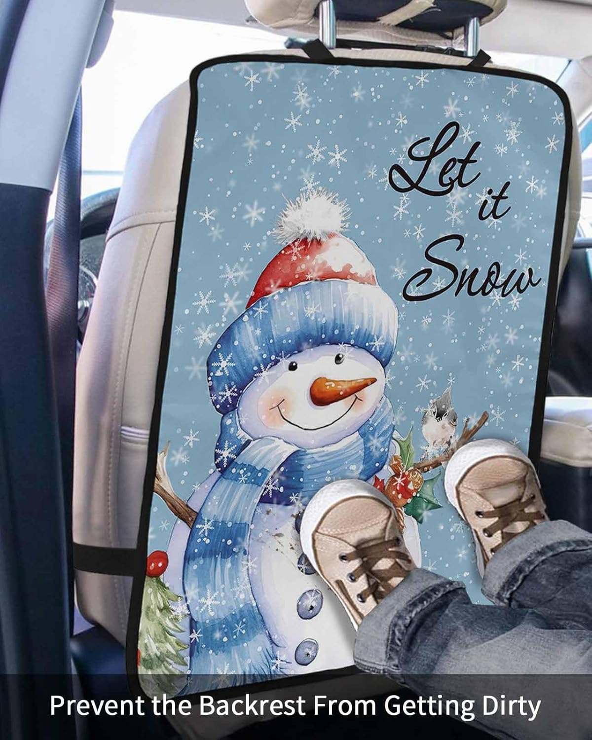 Car Seat Protector, 2 Pack Kick Mats Back Seat Protector Merry Christmas Snowman in Blue Scarf And Hat Snowflake Waterproof Backseat Cover for Kids Universal Fit Automotive Interior Protectors