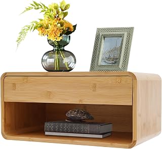 Bamboo Floating Nightstand with Drawer, Wall Mounted Bedside Shelf | Floating Bedside Table with Drawer, Open Shelf and Top Surface for Living Rooms, Study Rooms, Bedrooms, 17.7”x 9.8”x 8.2”
