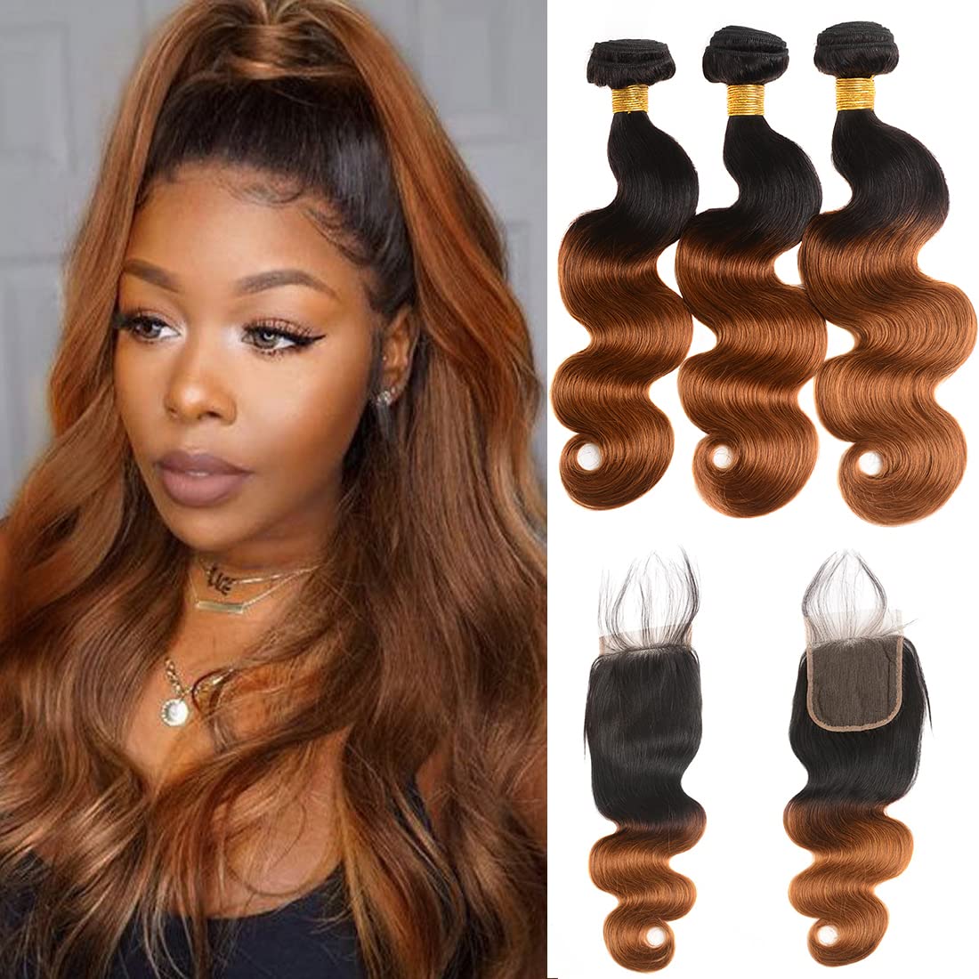 Amazon.com : Ombre Human Hair 3 Bundles With 4x4 Lace Closure 1B/30 Two ...
