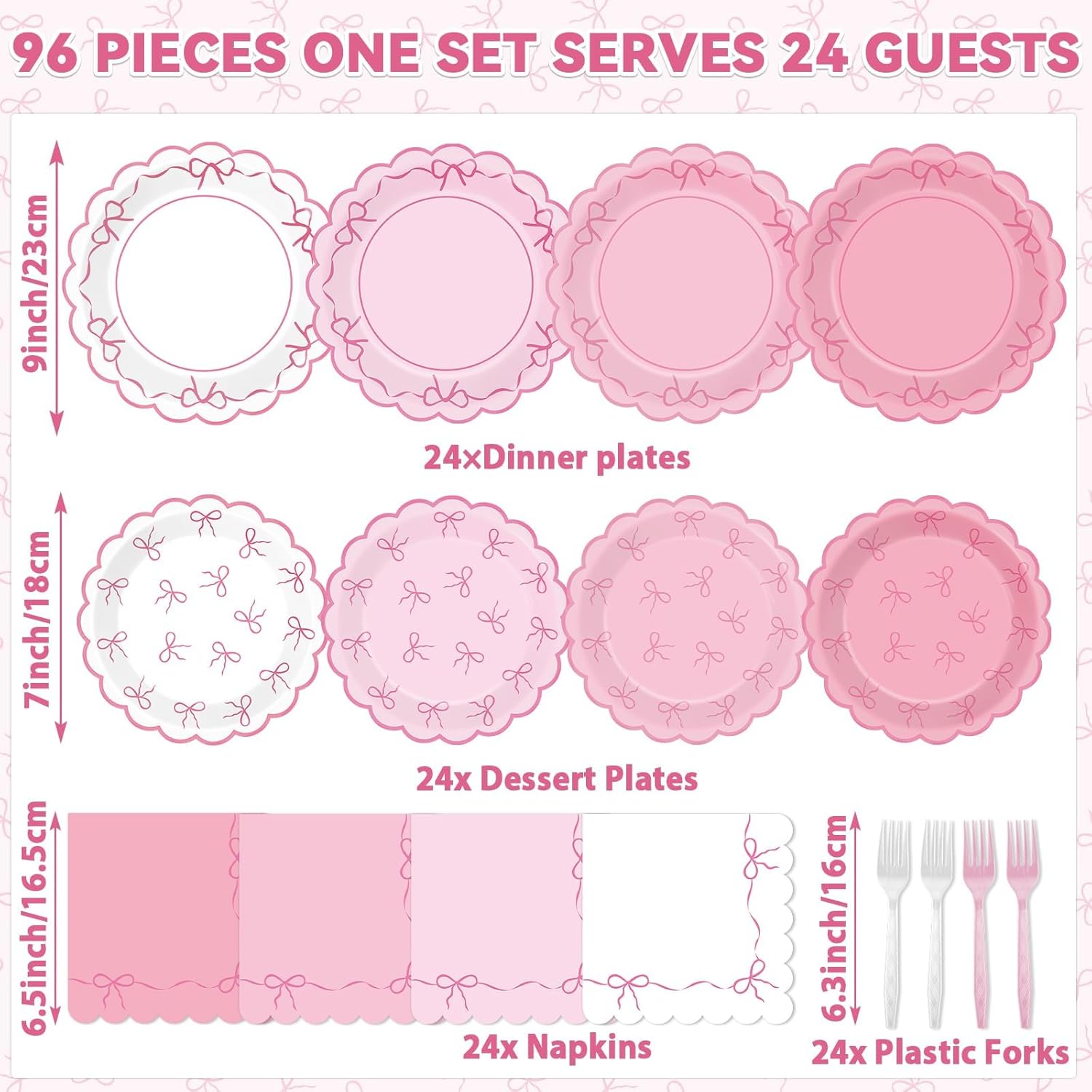 96pcs Pink Bow Party Supplies Bow Scalloped Paper Plates and Napkins Pink Bowknot Party Decors for Girl Bachelorette Bridal Engagement Baby Shower Coquette Cute Tableware Dinnerware Serves 24 Guests - Image 2
