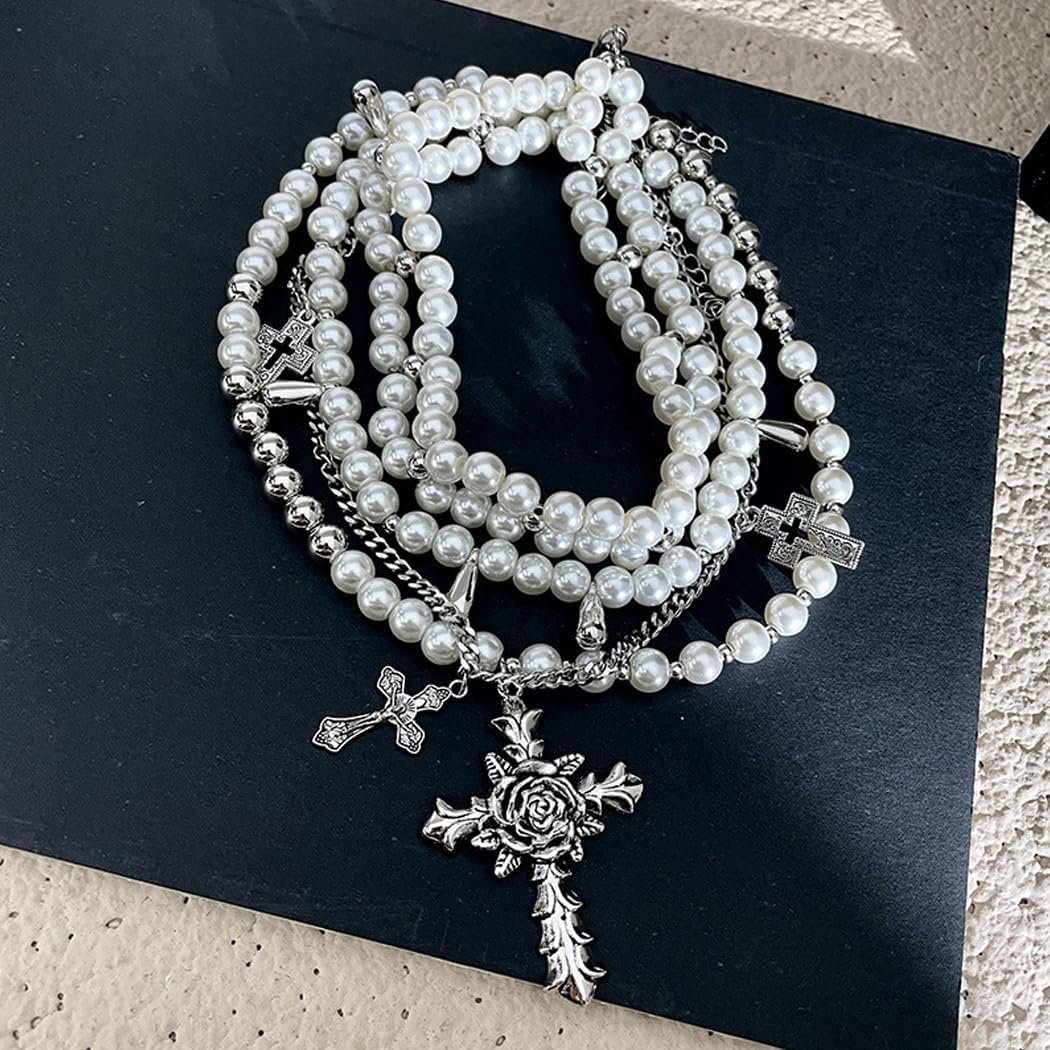 Layered Pearl Cross Choker Necklace Set for Women Gothic Stacked Statement Pearls Necklaces Adjustable Crucifix Pendant Necklaces Jewelry Gift - Image 5