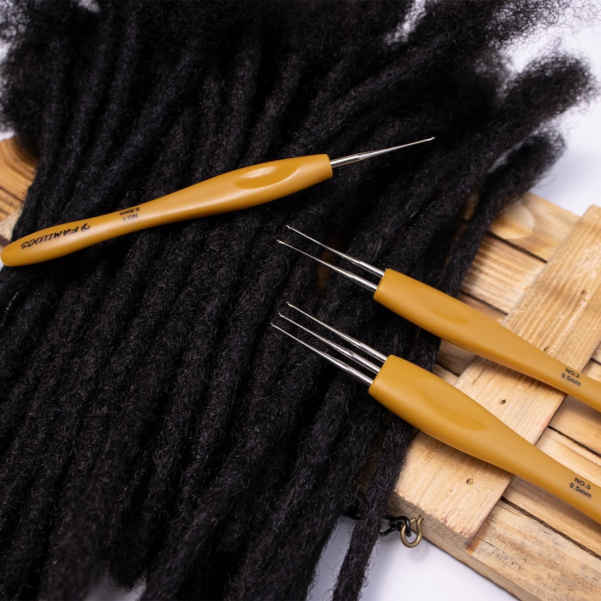 FAMILOCS Dreadlocks Crochet Hook Set with Custom Plastic Handle 0.5mm Single Double Triple Needles for Loc Retightening Extensions and Maintenance 3 Piece Set