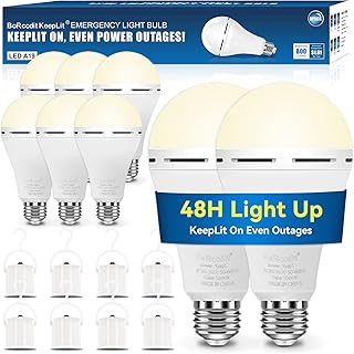 KeepLit 8PK Emergency Rechargeable Light Bulbs, 48H Battery Backup, 3 Brightness Levels, 12W 65W Equivalent A19 LED Bulb Auto-On During Power Outage for Hurricane, Emergency Use (Soft White)