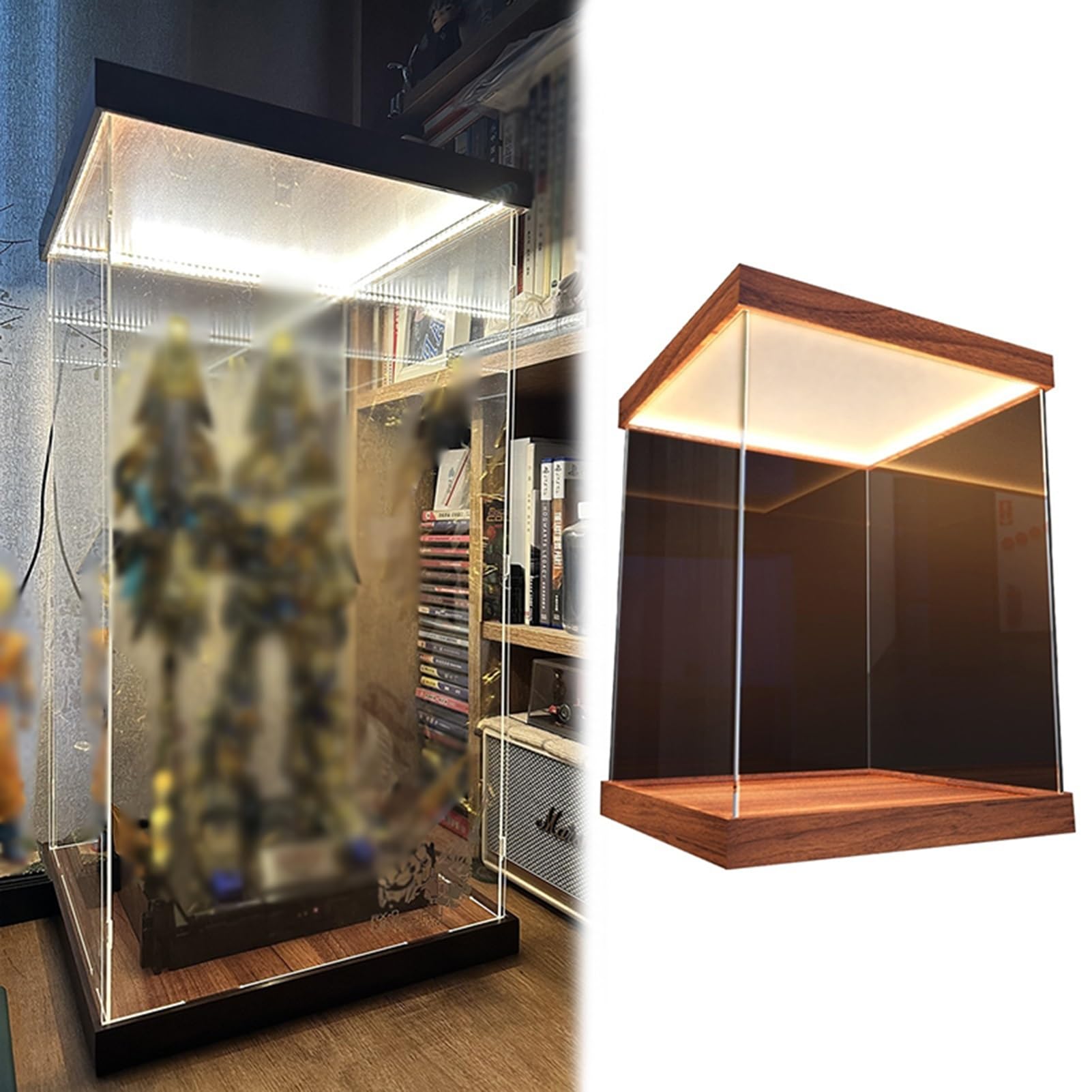 Teca Plexiglass Vetrina Espositiva Alta 15, 20, 25, 30, 35, 40, 50, 60cm, Scatole Impilabili in Acrilico Trasparente per Modelli, Vetrina Assemblabile con Base Effetto Legno(L25xW30xH35cm/10x12x14")