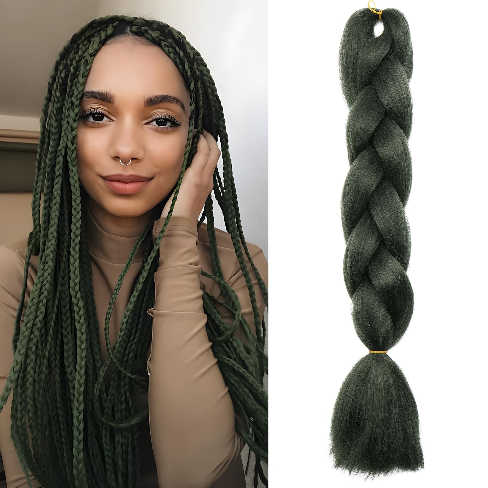 Benehair Braiding Hair Long Braids Extensions Hair 24 Inches Colorful Synthetic Hair for Braid Human Braiding Hair Dark Green Hair Extensions for Women(Dark Green