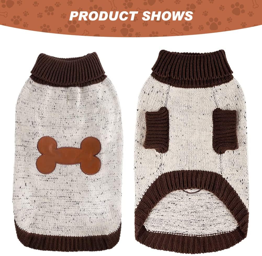 BINGPET Turtle Neck Dog Sweater - Brown Bone Pattern - Puppy Winter Warm Cloth for Small Medium Large Dogs