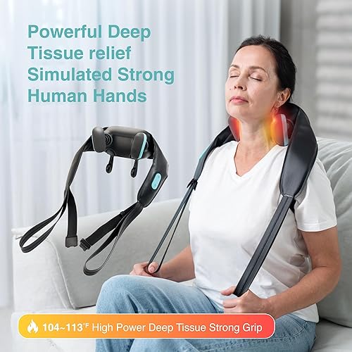 Miniatura 8 de Masajeador de cuello y hombros con calor, masaje Shiatsu 4D inalámbrico para amasar, almohada de masaje para cuello, espalda, pierna, regalos para