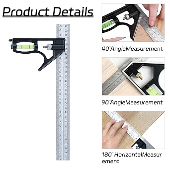 3 Pcs Combination Square Set,with Spirit Level and 45-90 Degree Marking | Carpenters Square Tool,12 Inch Combination Triangle Ruler,7 Metric Speed Squares with Marking Pen for Accurate Measurement