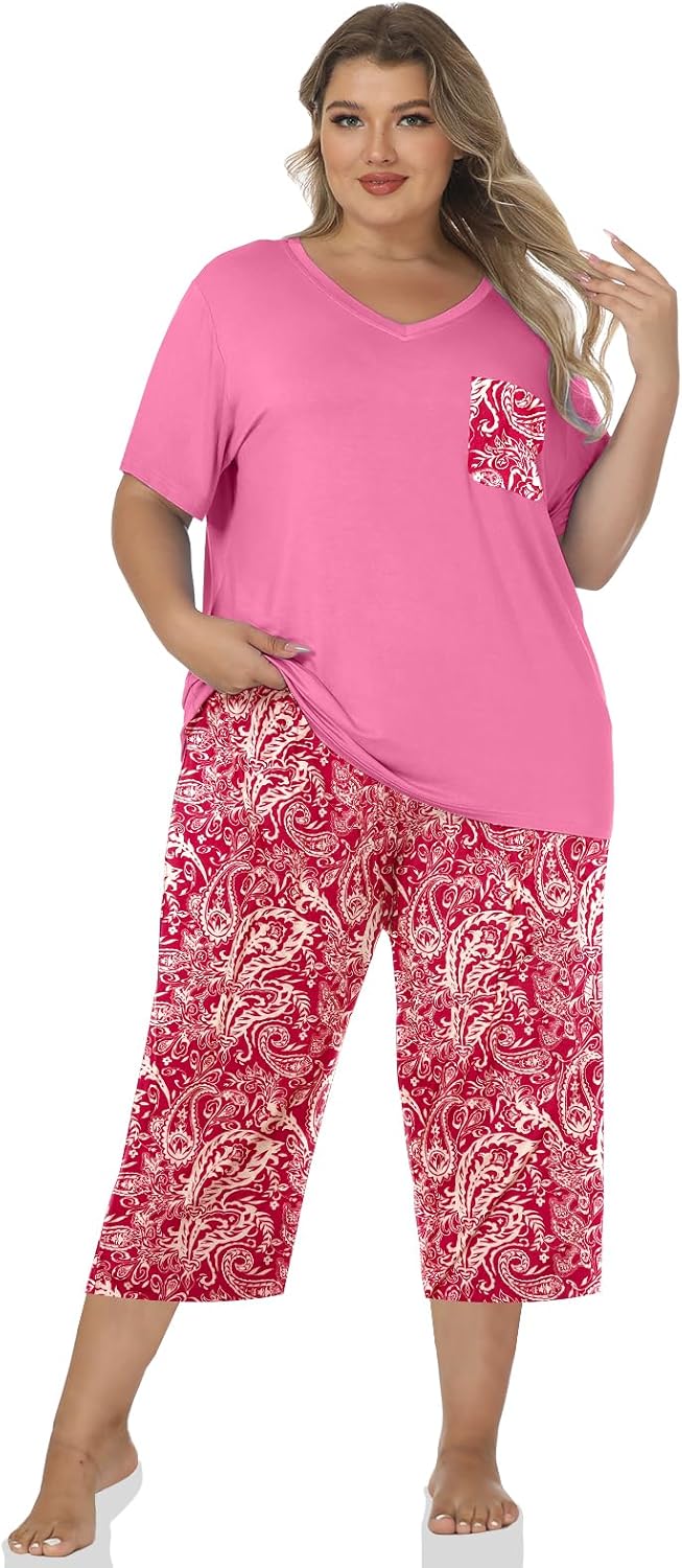 Womens Modal Plus Size Pajamas Capri Pajama Sets Soft Pjs V Neck Shirt Printed Capri Pants With Drawstring S-3XL