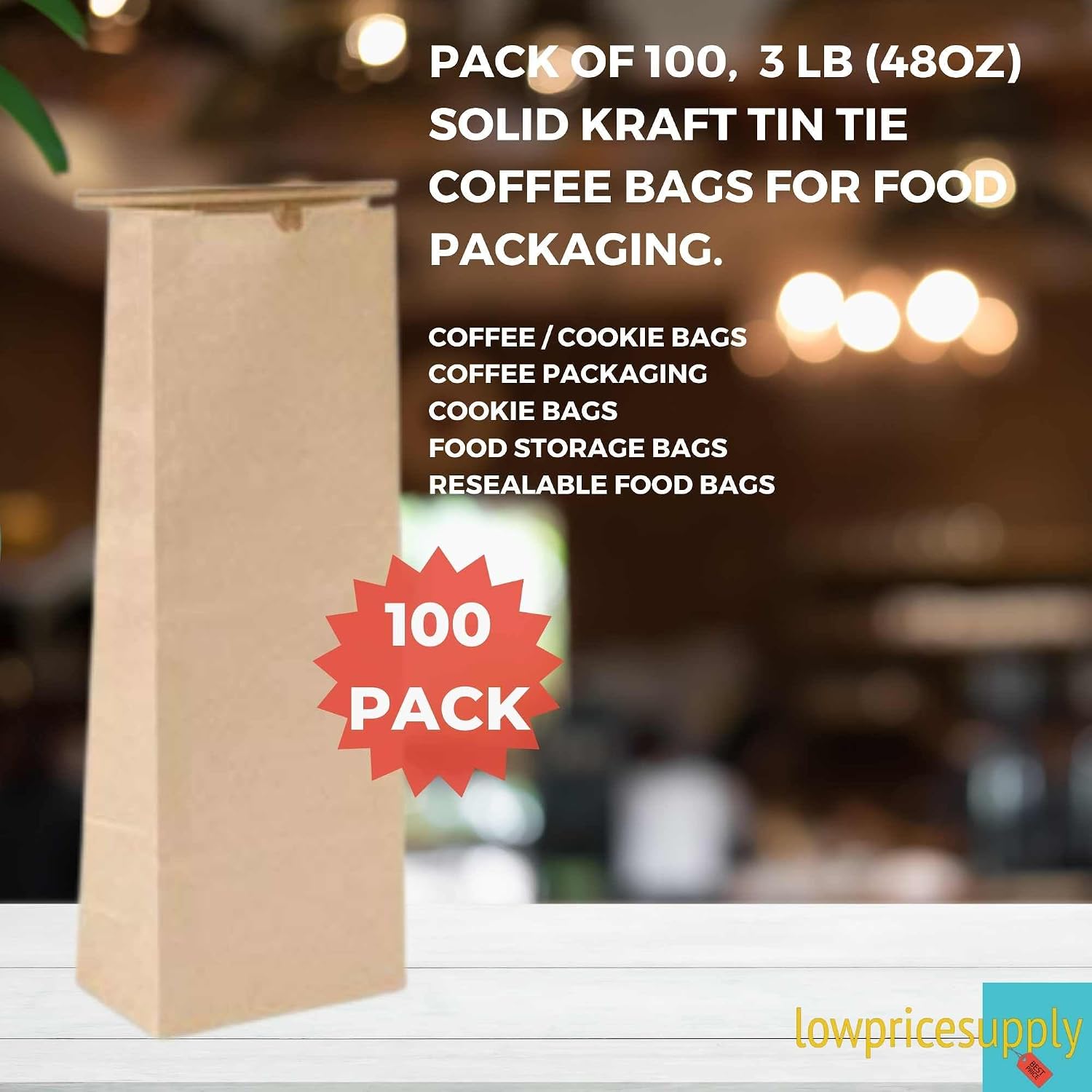 Pack of 100, Solid 3 Lb (48oz) Kraft Tin Tie Coffee Bags 12.5""X4.5""X6.5"" For Coffee Bags, Food Packaging, Cookie Bags, Food Storage Bags, Candy Bags, Brown