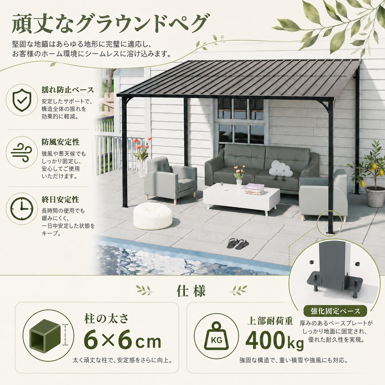 Amazon.co.jp: テラス屋根 大型 重量型 4本柱 幅377*奥行き266*高251cm