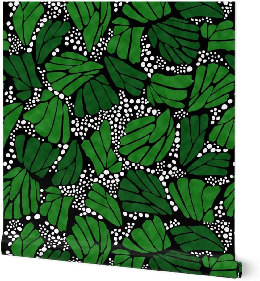 Commercial Grade Wallpaper 27ft x 2ft - Black Green Monarch Butterfly Nature Leaves White Traditional Wallpaper by Spoonflower