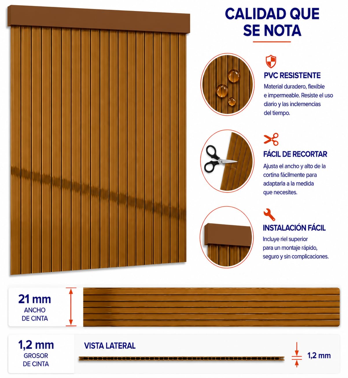 Cortinas Exterior Puerta | Personalizable | Material Plastico PVC y Barra Aluminio | Ideal para Terraza y Porche | Antimoscas | PERTONI TENDE (MARRÓN TRANSLÚCIDO, Alto 220cm x 90cm Ancho)