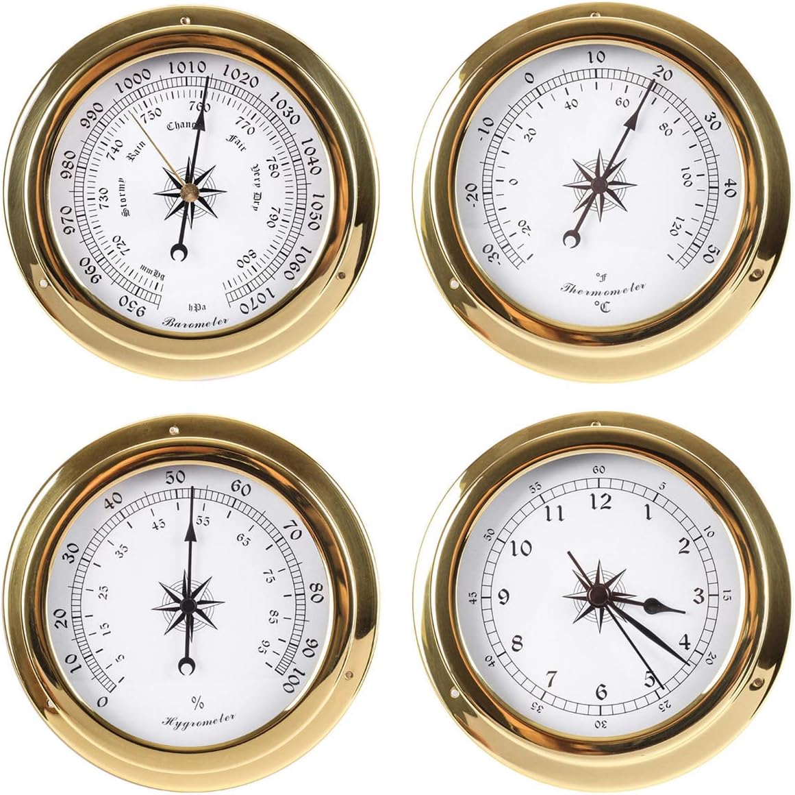Analog Weather Station,4pcs Wall Mounted Thermometer Hygrometer Barometer Clock,Weather Barometer for Indoor Outdoor,Barometric Pressure Gauge for Wall,Fishing Boat,Baby Room,Office