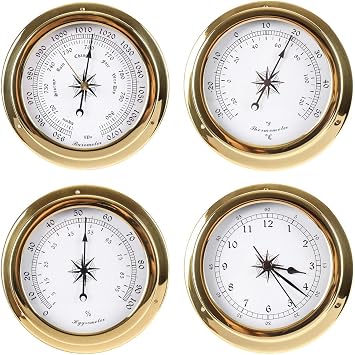 Analog Weather Station,4pcs Wall Mounted Thermometer Hygrometer Barometer Clock,Weather Barometer for Indoor Outdoor,Barometric Pressure Gauge for Wall,Fishing Boat,Baby Room,Office