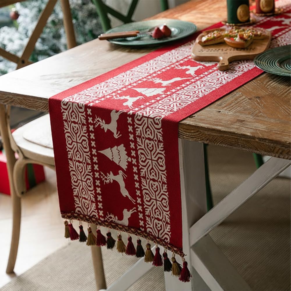 Christmas Table Runner, 14x71in Soft Xmas Winter Table Scarf with 6 Patterns & Pom-Pom Tassels for Holiday Kitchen Dining Home Party Decor