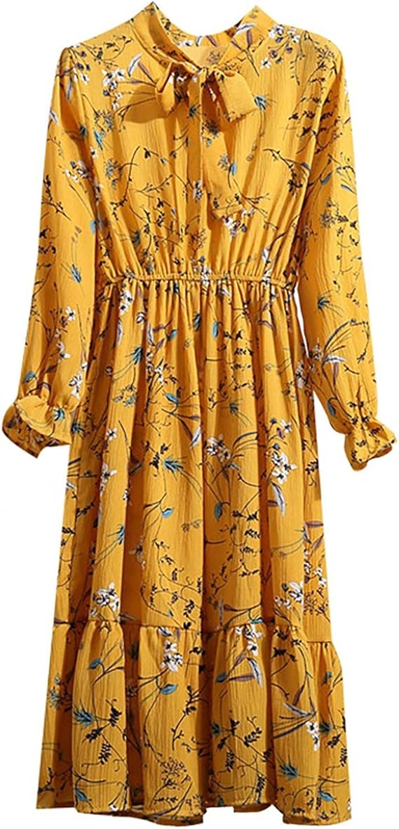 Amazon Co Jp カジュアルワンピース Joielmal ファッション 韓国 花柄 ワンピース フランス風 Aライン レトロドレス フリル袖 蝶結び チュニック 長袖 秋 お呼ばれドレス おしゃれ 上品 ワンピース 通勤 通学 デート シューズ バッグ