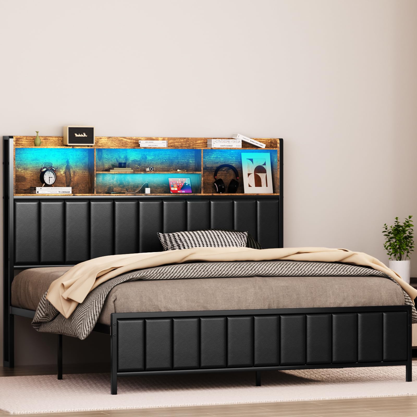 Queen Size Bed Frame with Storage, Upholstered Shelves Headboard Outlets with Charging Ports and Colorful LED Lights, Vintage Brown, No Box Spring Required
