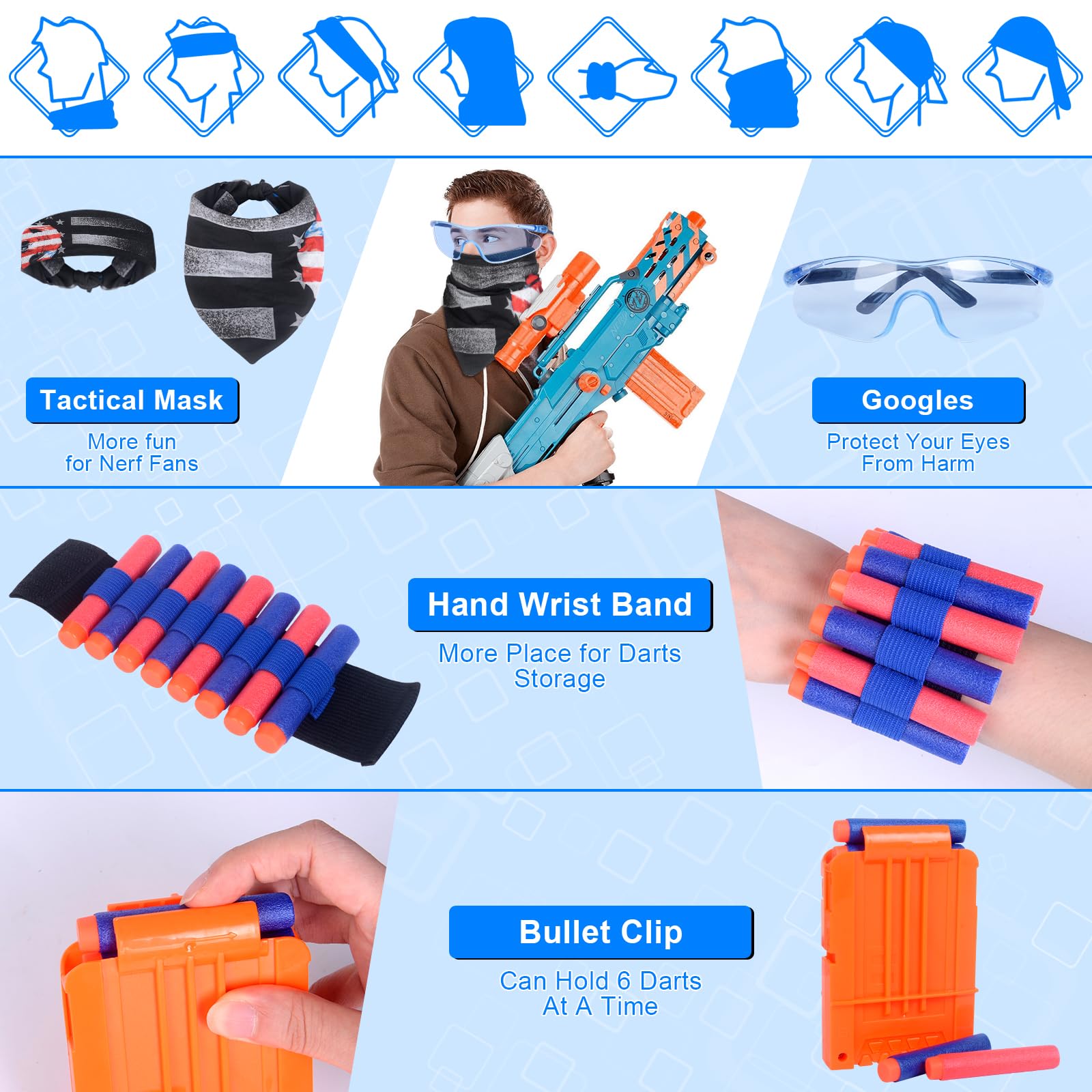 Kamizelka taktyczna dla dzieci, zestaw do Nerf N Strike Elite, akcesoria Nerf z magazynkiem do szybkiego ładowania, strzałki, opaski na nadgarstek, okulary, bandana dla chłopców i dziewcząt