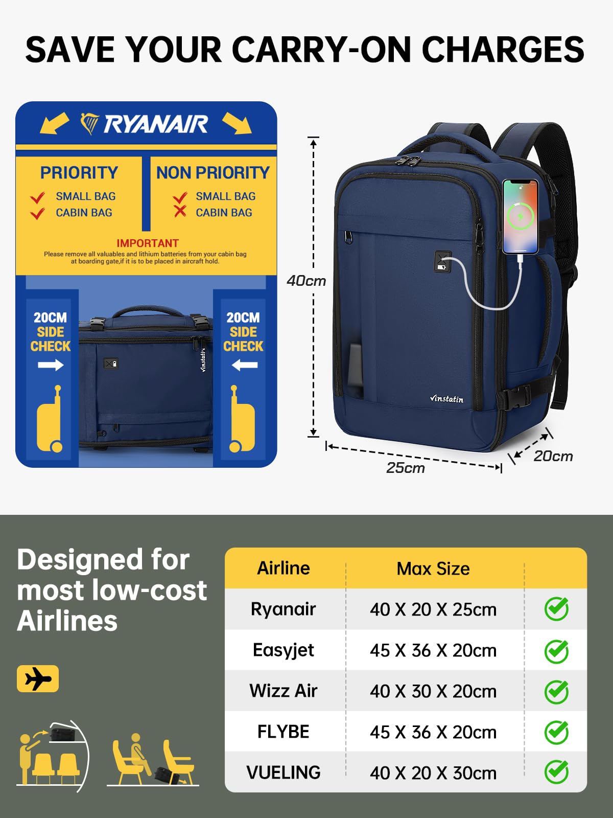 Vinstatin Ryanair - Zaino da viaggio da donna, 40 x 20 x 25,14 pollici, 20 l, impermeabile, con 4 tasche per vestiti, per vacanze, affari, escursioni, weekend, Blu, 40x20x25(CM), Rucksack