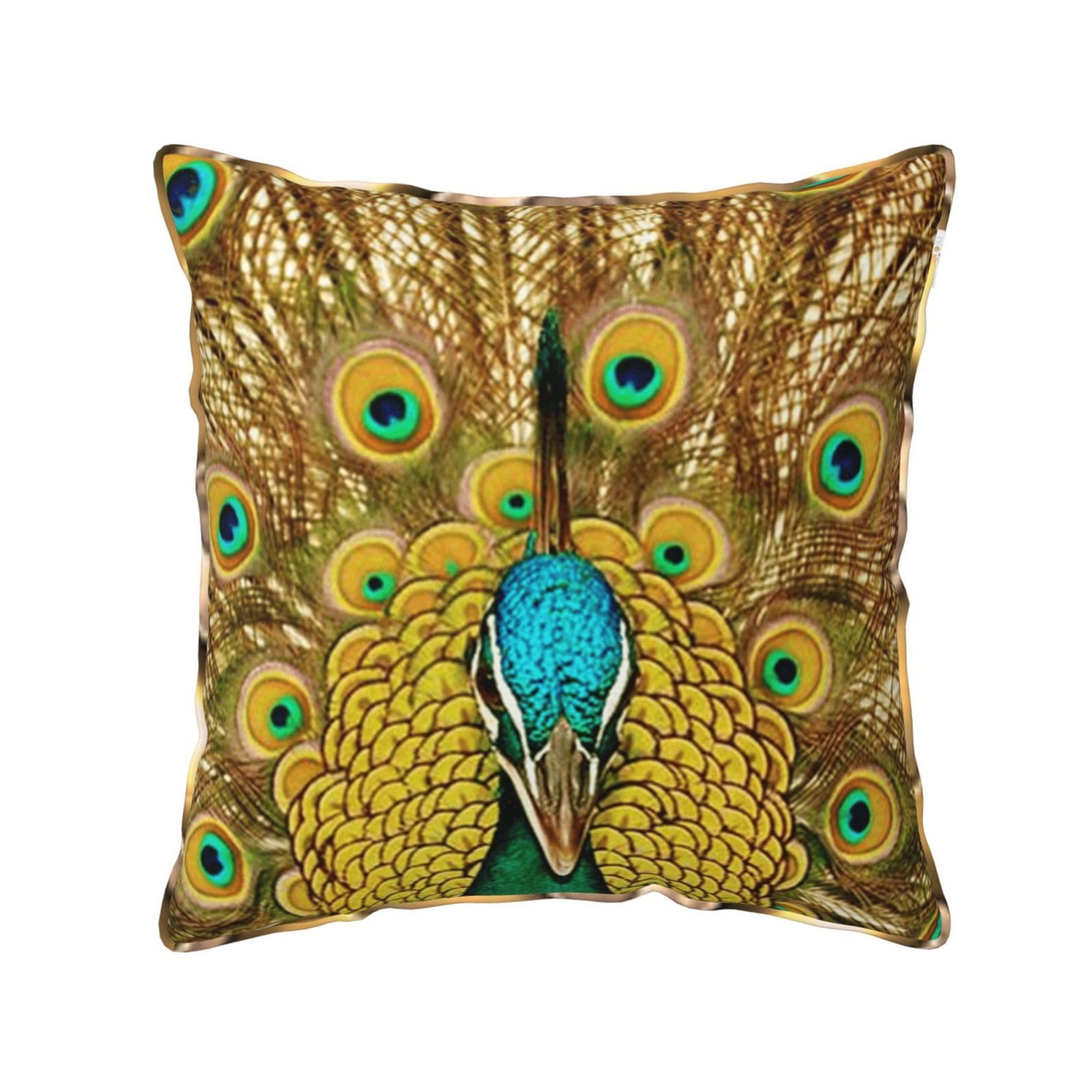 AUBKFELD Peacock Printed Velvet Cushion Cover 50x50 CM with Gold Edging Strip, Square Pillowcase Soft Throw Pillow Covers Case Decorative for Living Room Sofa Couch Bed Bench