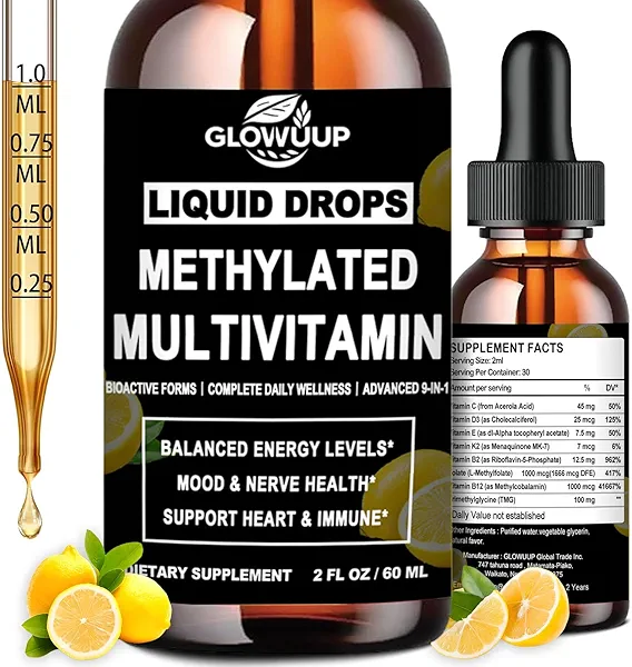 Methylated Multivitamin for Men & Women, 8-in-1 Methylated B Com-plex w. Methylfolate B12 B2 Vitamin C E D3 K2, Advance Daily Multi Vitamin Liquid Drops for MTHFR Support, Cognitive Energy & Focus