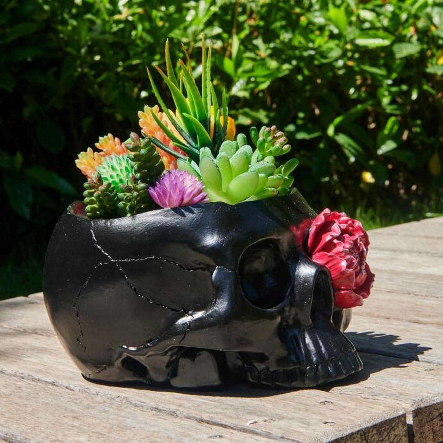 Skull-Planter Gothic Home-Decor - Black Room Decor Head Planter Skull Decor Flower Pot Succulent Pot with Drainage Halloween Candy Bowl (Plants or Candies are not Included)