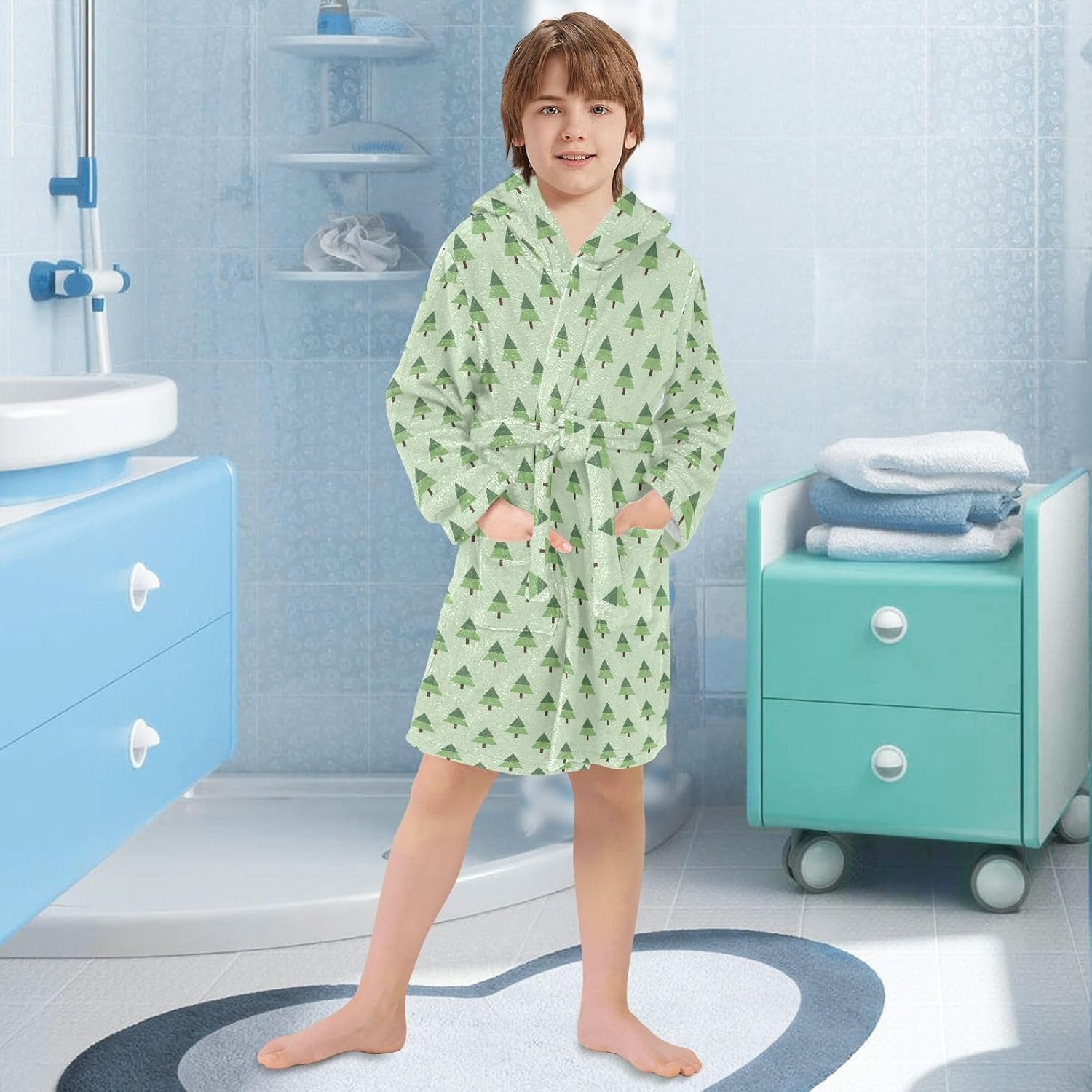 GuoChe Light Green Pine Tree Pattern Hooded Pajama Robe For Girls