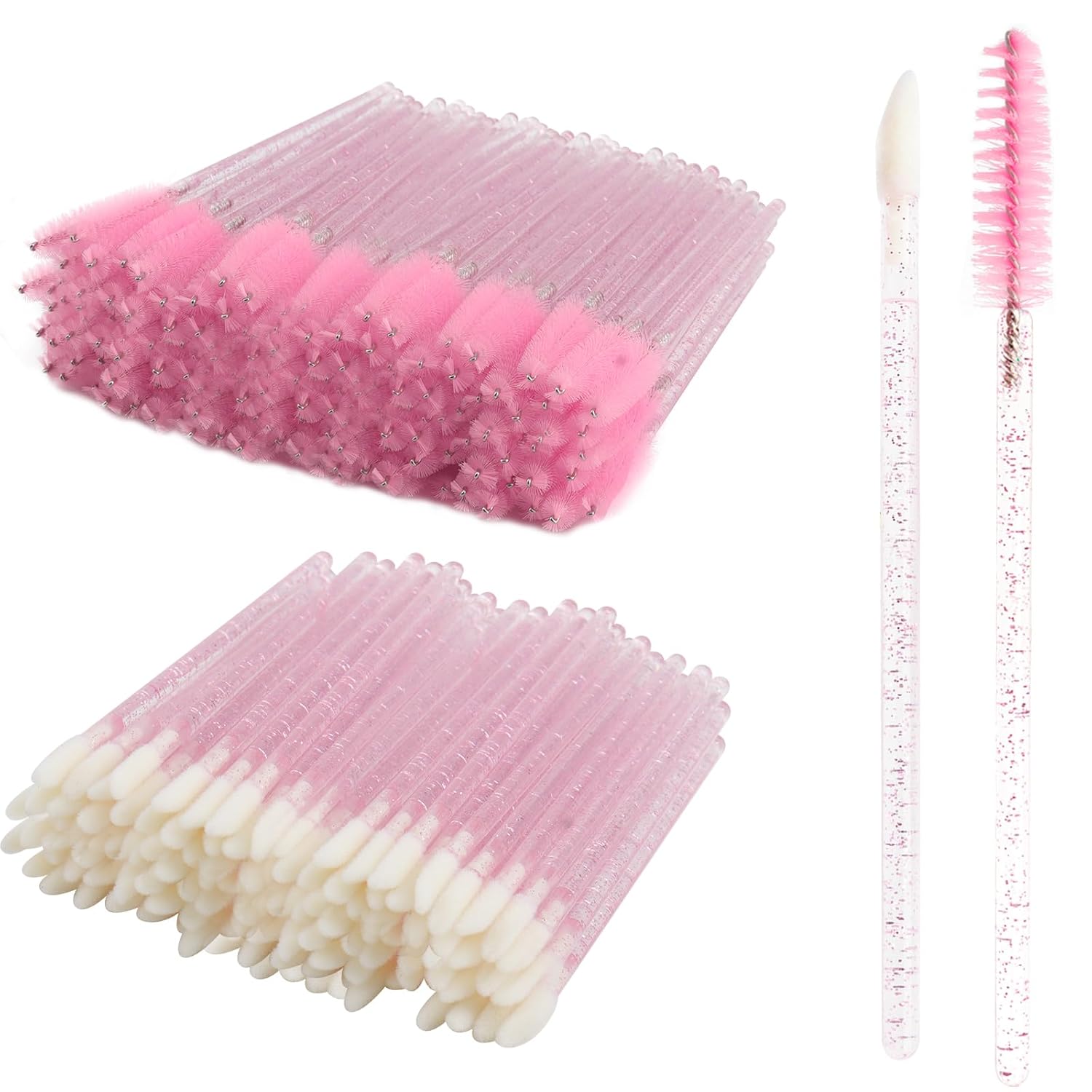 200 Pack Disposable Crystal Mascara Wand and Lip Brushes Lash Spoolies Lipstick Lipgloss Applicator Eyebrow Tattoo Eyelash Extension Supplies(Pink)