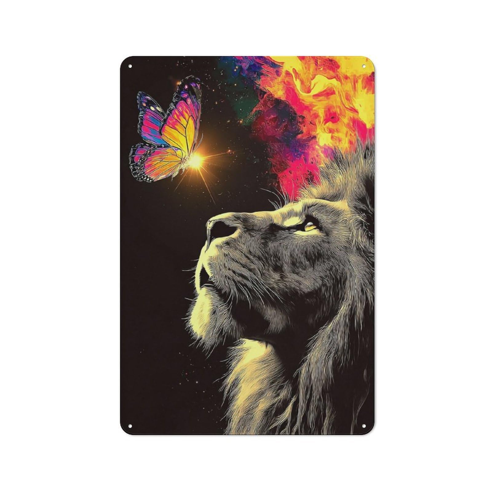 Junmoney Lion And Butterfly Cosmic Encounter Tin Sign 30X20cm For Living Room Wall, Rustic Wall Decor, For Living Room Decor Lovers