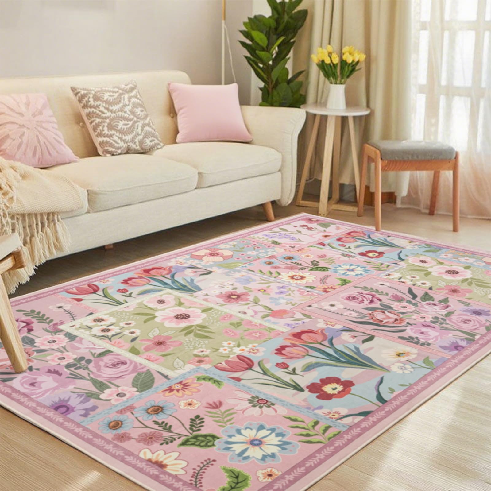 MOSISO 152 x 213 cm Tappeto Soggiorno, Motivo Floreale Intrecciato, Morbido | e Antiscivolo Interni Pelo Corto Finta Lana Rettangolare Lavabile per Arredo Casa,Comodino, Camera Letto,Sala Pranzo, Rosa