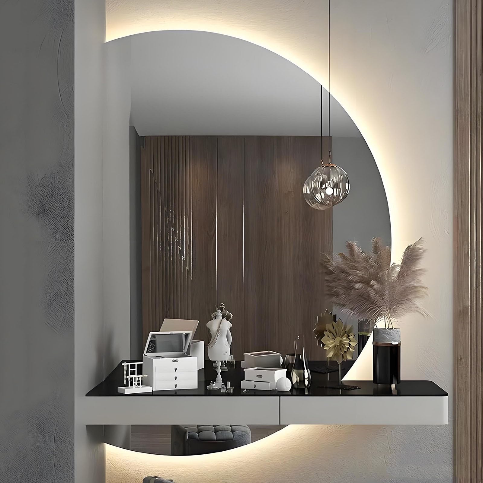 SXFSDOU 39in Smart LED Bathroom Mirror for Wall with 3 Colors Light Anti-Fog 51in Half Moon Shatter-Proof Backlit Frameless Vanity Mirror(Left Cut,100x70cm/39x28in)