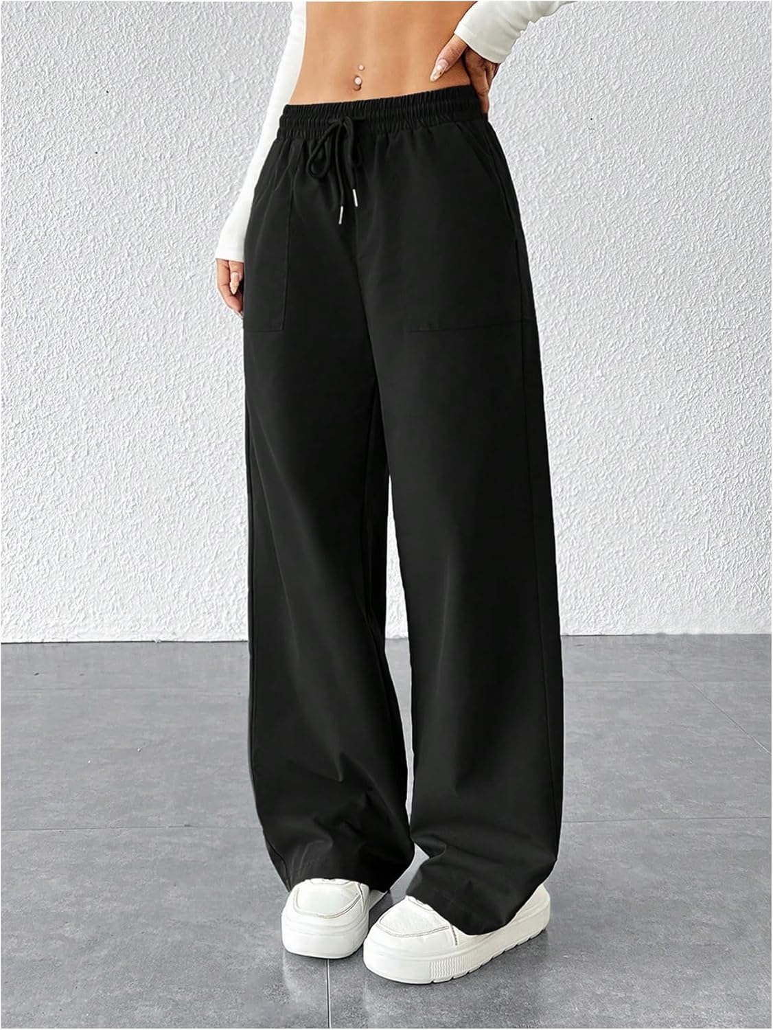 Women's Wide Leg Pants Straight Drawstring Elastic Waisted Baggy Mid Rise Casual Trousers - Image 3