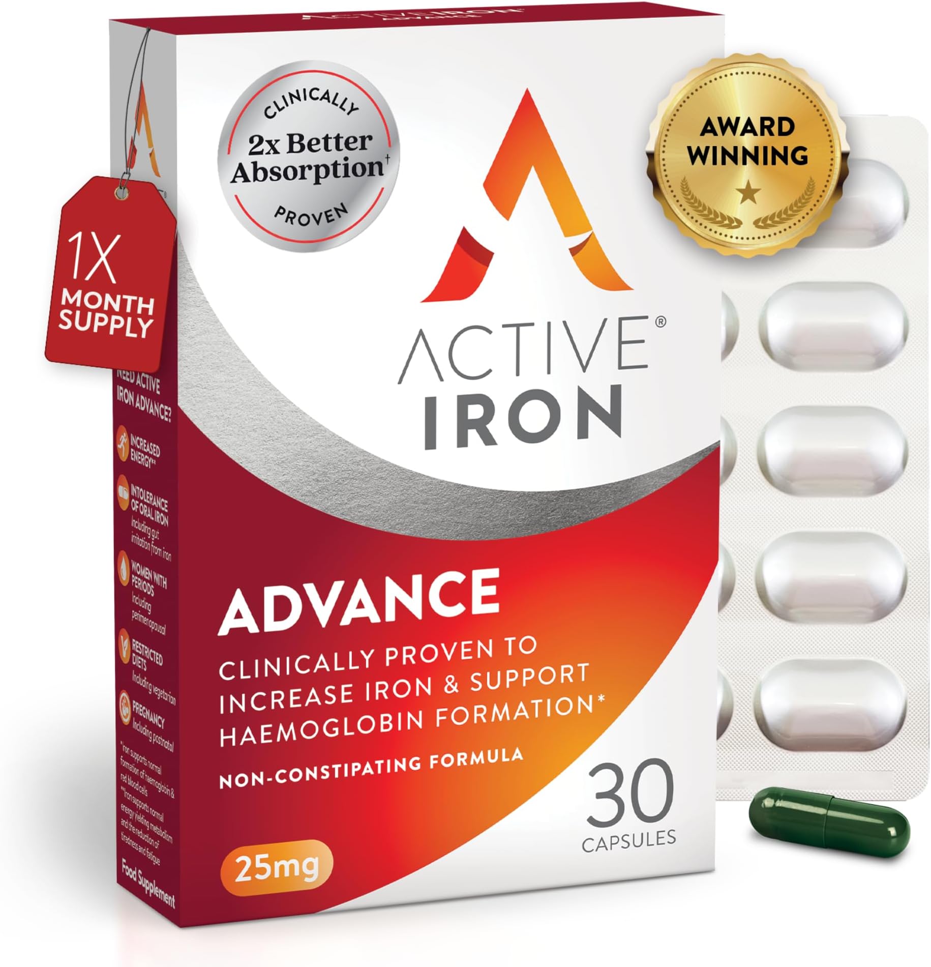 Active Iron Supplement 25 mg – Clinically Proven to Increase Iron & Energy Levels – Gentle, Non-Constipating, Highly Absorbed – 30 Capsules