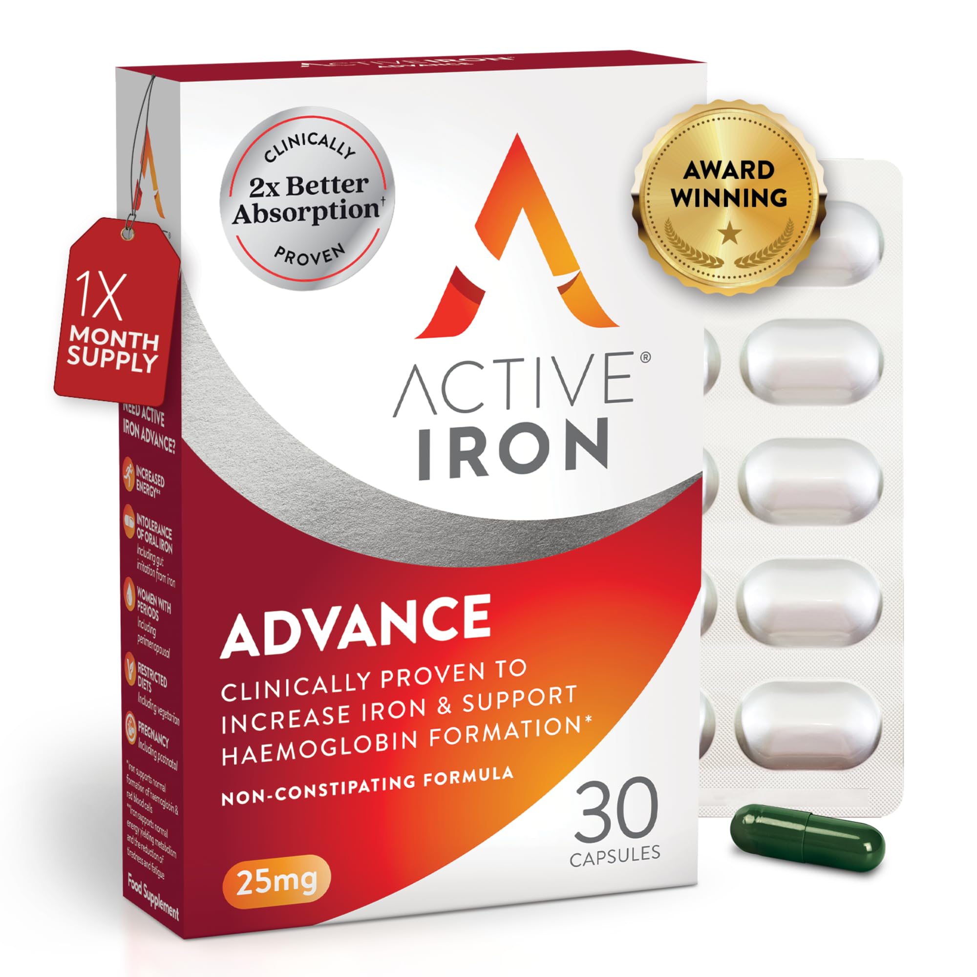 Active Iron Supplement 25 mg – Clinically Proven to Increase Iron & Energy Levels – Gentle, Non-Constipating, Highly Absorbed – 30 Capsules