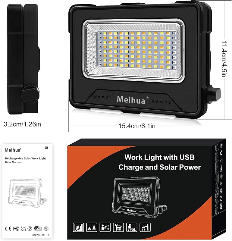 MEIHUA 60W LED Munkalámpa 12000mAh Akkumulátorral - Vízálló, USB Tölthető, Napelemes Kempinglámpa 4 Fénymóddal, Mágneses Rögzítéssel