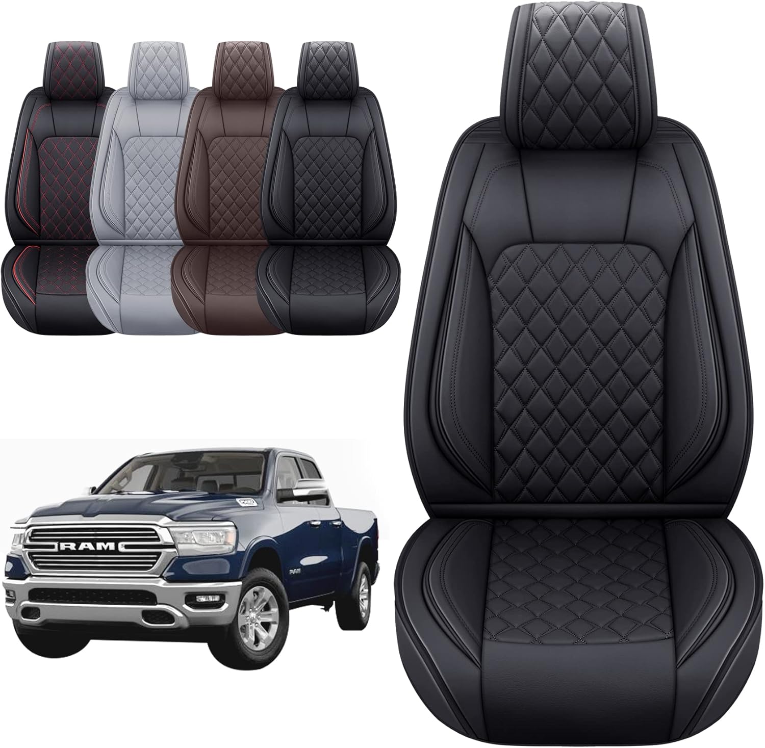 Aierxuan Dodge Ram Front Seat Covers Custom Fit 2009-2025 1500/2500/3500 Truck Pickup Crew Quad Regular Cab Heavy Duty Waterproof Leather Airbag Compatible Cushions(2 PCS Front/Black)