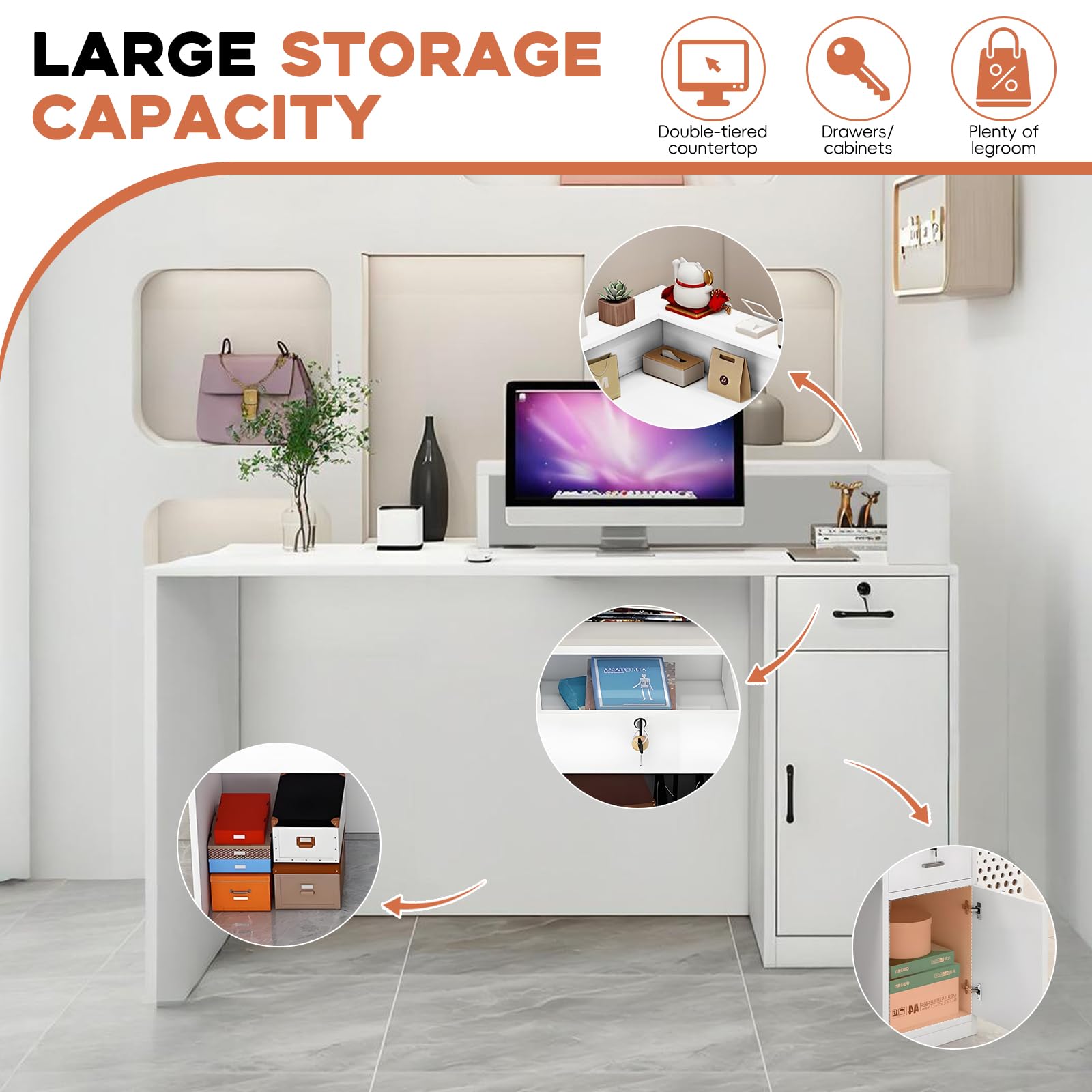 Moderner Empfangstresen mit Schublade und offenen Regalen 100–240 cm für Büro, Salon, Lobby