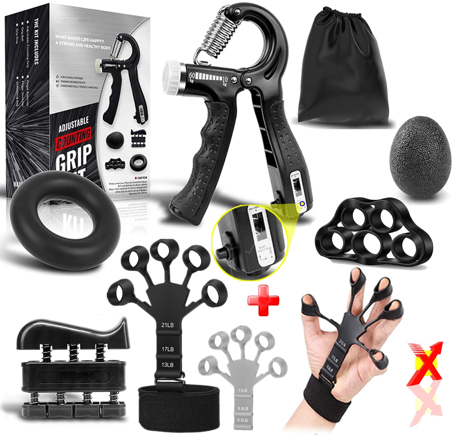 SKYNAx (8 Pack) Wrist Trainer Kit,Adjustable Hand Grip11-130 LB with counter+Hand Grip Strengthener(2 Pcs)+Forearm workout Ring+Stress Relief Ball+fingers trainer+Tips & palm pressure pointer+Pouch