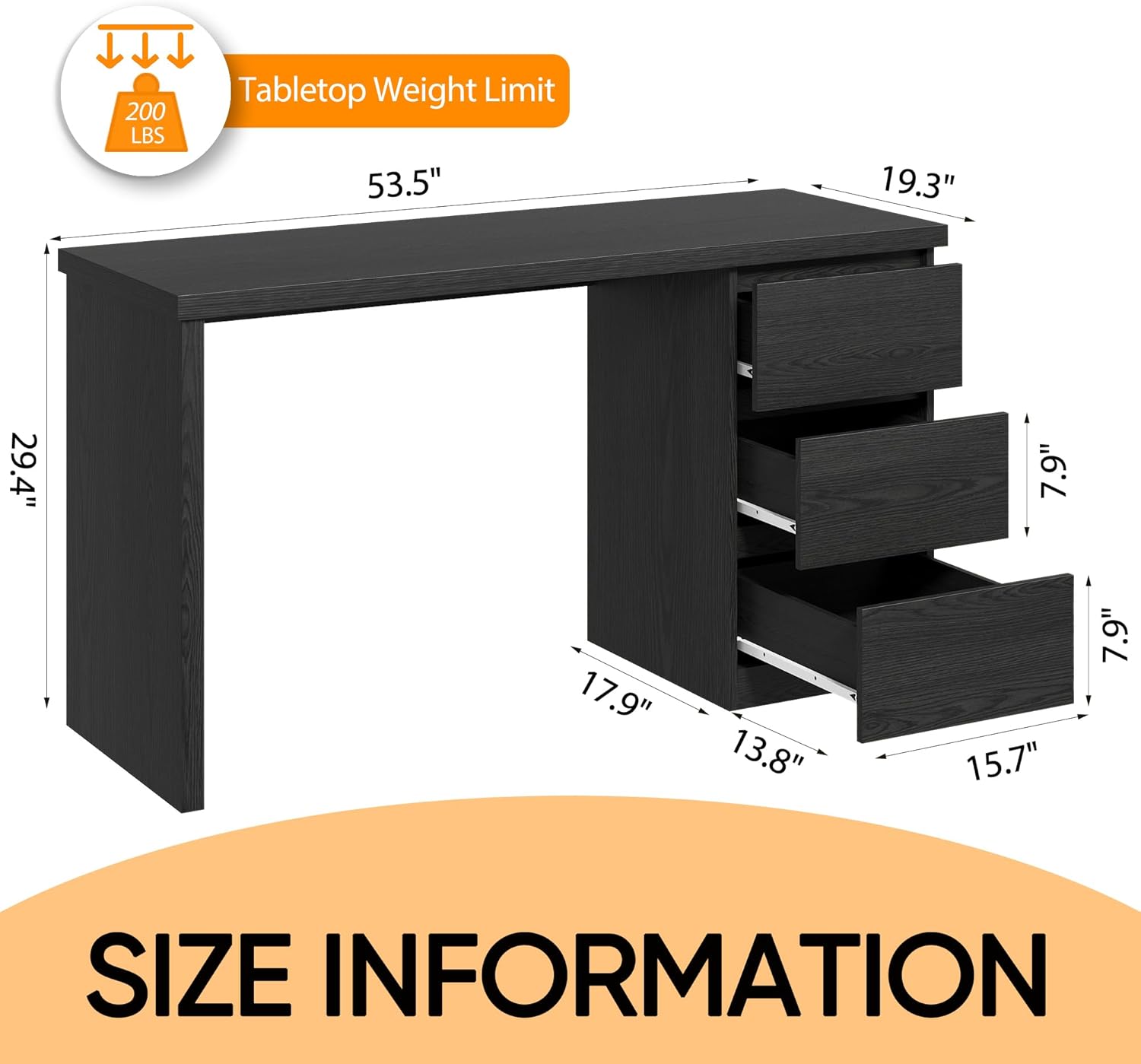 furtble Computer Desk with Drawers, 53.5 inches Wood Work Desk, Home Office Desks Workstation with Storage, Modern Gaming Computer Table for Bedroom, Living Room, Black