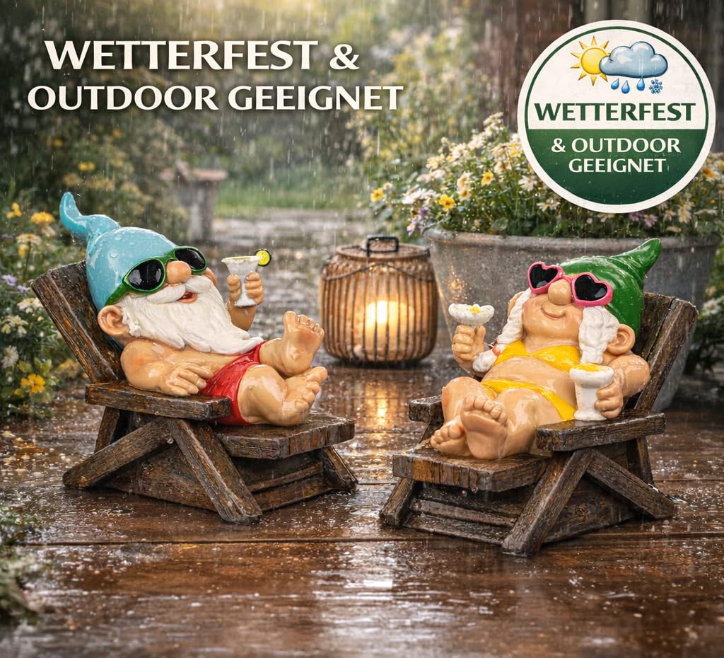 formano 2er Set Gartenzwerg Liegestuhl lustige Gartenzwerge 26cm aus Kunststein handbemalt Gartendeko Figuren mit glänzender Oberfläche für Garten Terrasse Balkon, humorvolle Outdoor Gartenfiguren