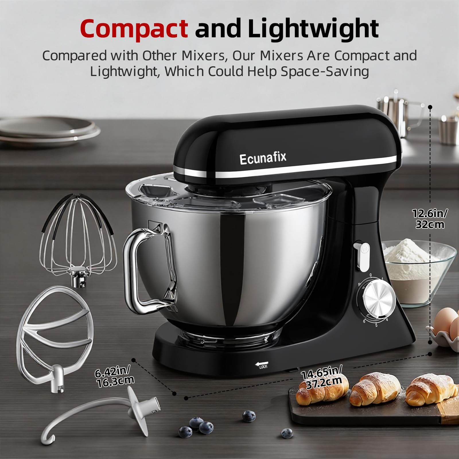 Batidora Amasadora 2000W 8L Robot de Cocina Amasador Multifunción con Bol de Acero Inoxidable, Batidor, Gancho para Masa, y Varillas, Raspador Protector Antisalpicaduras, 6+P Velocidades