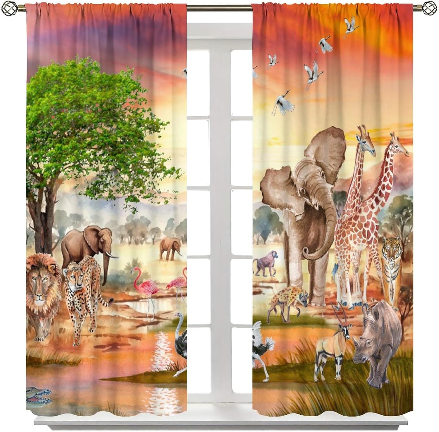 Watercolor African Wildlife Rod Pocket Blackout Curtains for Living Room,Room Darkening Realistic Tropical Jungle African Savanna Animal Lion Elephant Window Treatment,2 Panels 45" L x 21" W