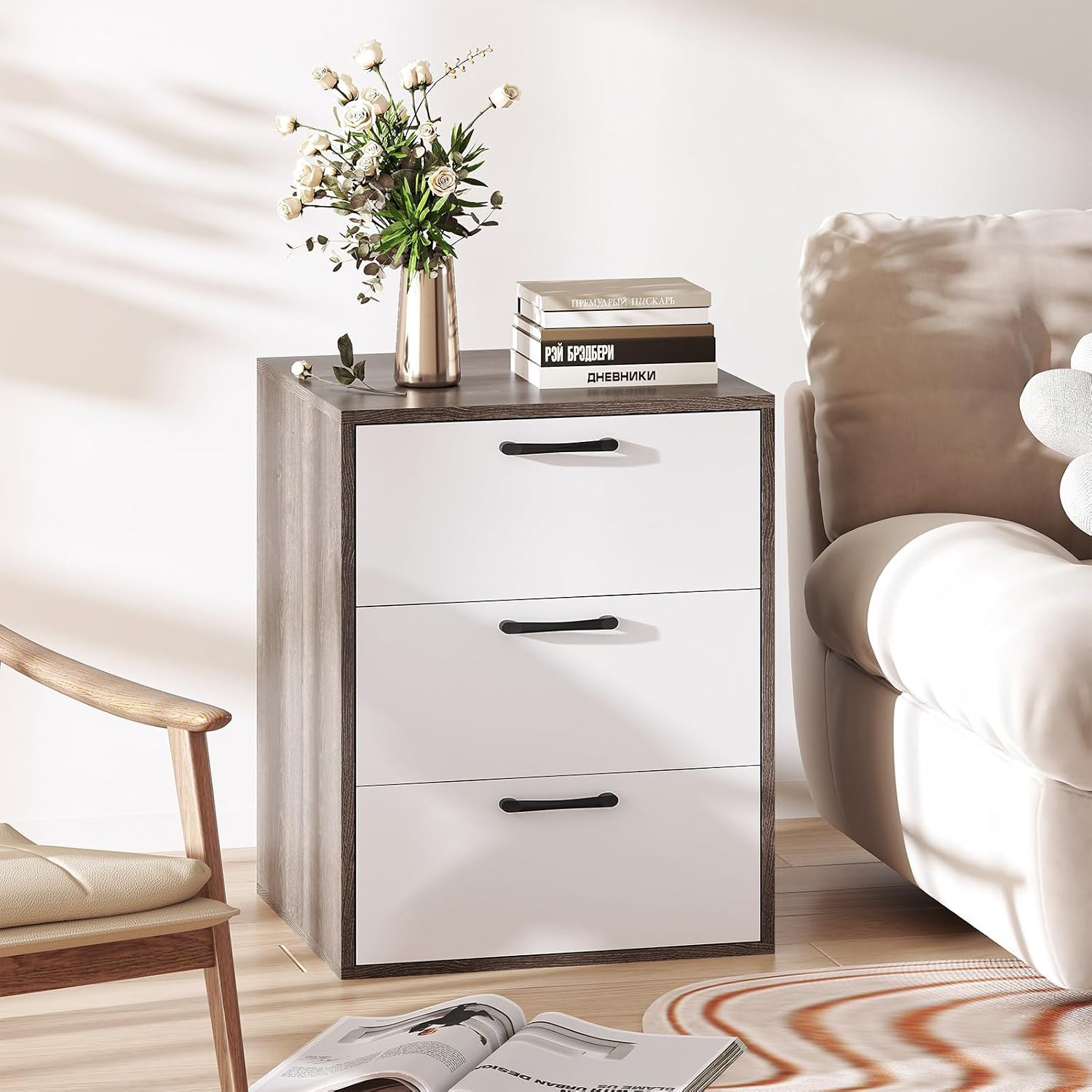 KOMFOTT Nightstand with 3 Drawers, Modern Bedside Table with Wood Grain Finish, Multifunctional Sofa End Table with Storage for Bedroom, Home (White & Grey,2)
