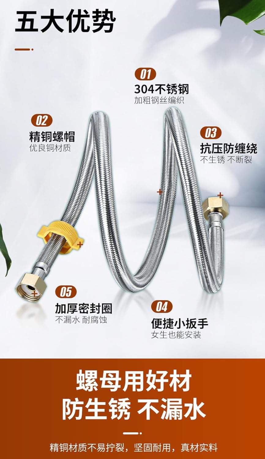 Faucet Line Connector Washing Machine Inlet Hose Connection Supply Water for Dishwashers Bathroom,copper nut,Length: 150cm