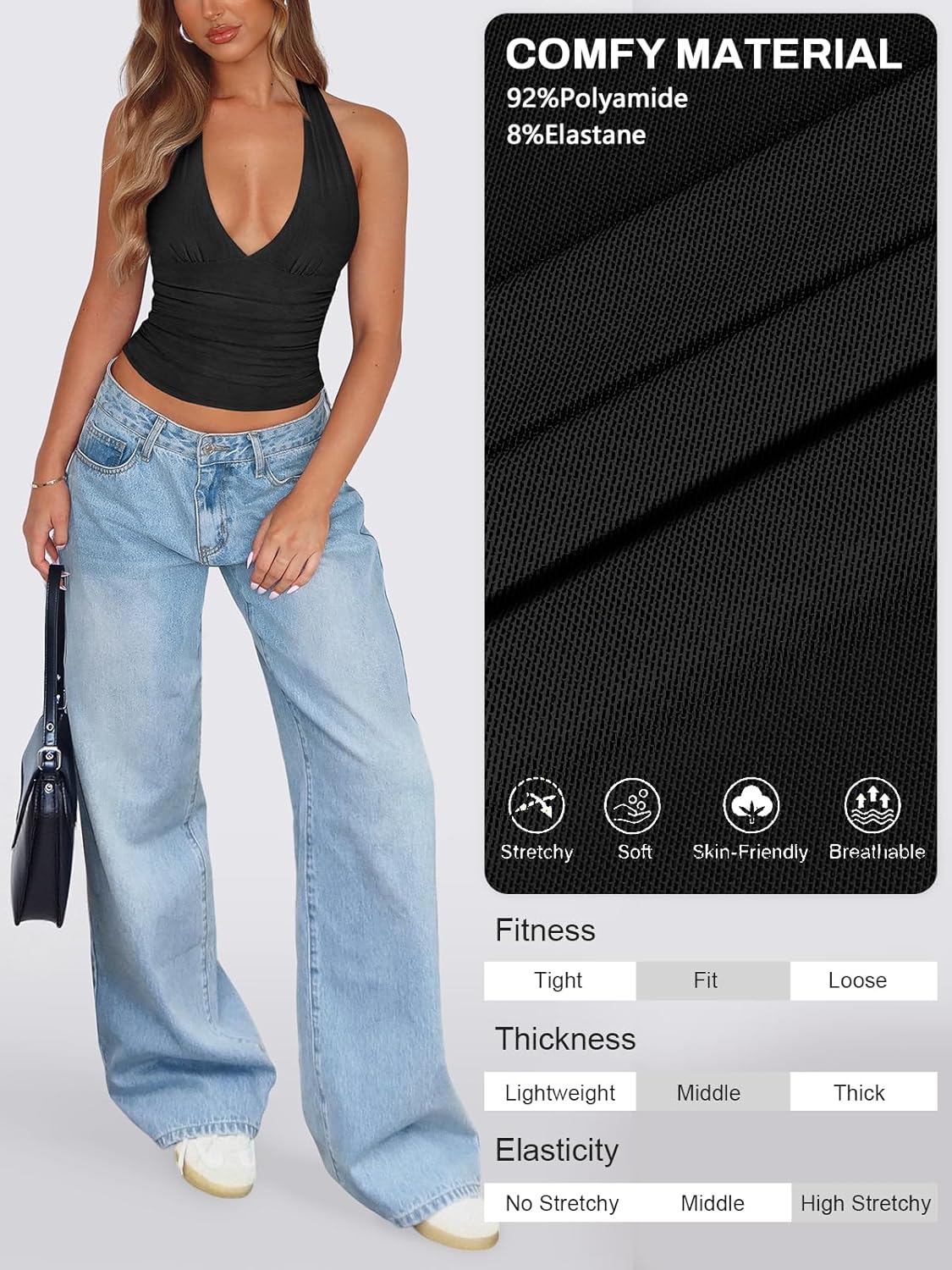 Women's Sexy Halter Tops for Women Summer Deep V Neck Mesh Ruched Tie Strap Backless Going Out Crop Top - Image 4