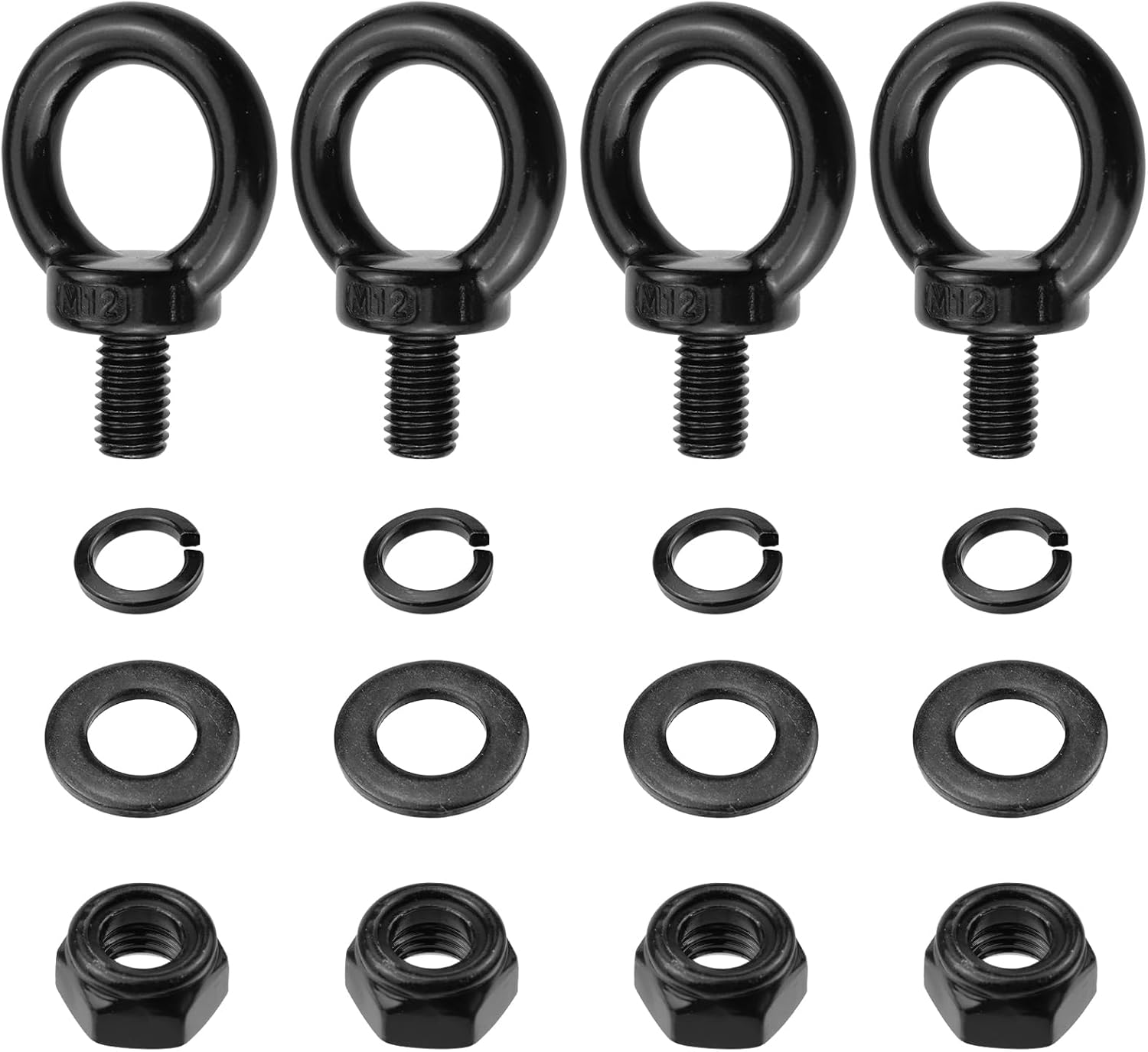 Antrader Lifting Shoulder Eye Bolts,Stainless Steel Machinery Shoulder Lifting Eye Bolt with Lock Nuts,Lock Washers, Flat Washers,M12,Black (4 Sets)