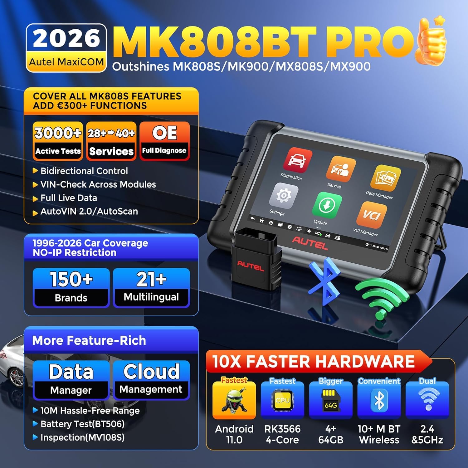Autel MaxiCOM MK808BT PRO Android 11.0 OS (Ulepszony MaxiCheck MX808S MK808S MK808), 2025 Test Aktywny & Dwukierunkowy Skaner, Cała Diagnostyka Systemu, 28+ Usług, Kompatybilny Z Autel BT506/ MV108