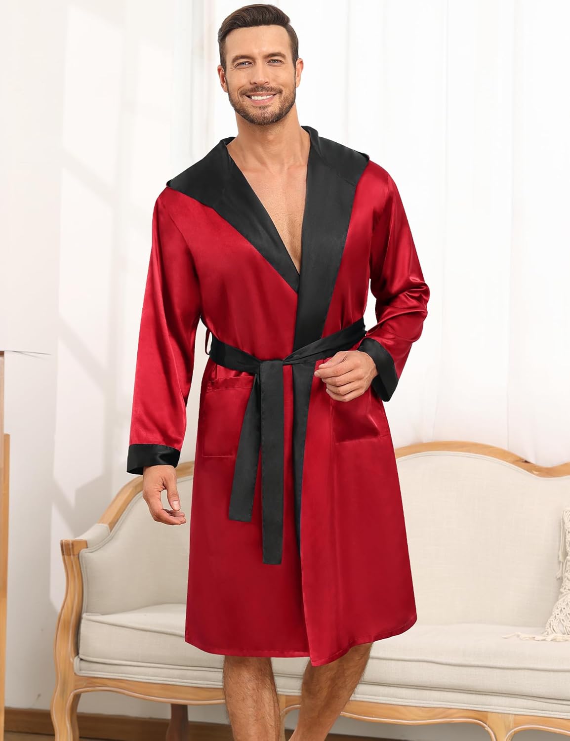 SWOMOG Mens Hooded Robe Satin Bathrobe with Shorts Set Silky Kimono Robe with Hood - Image 4