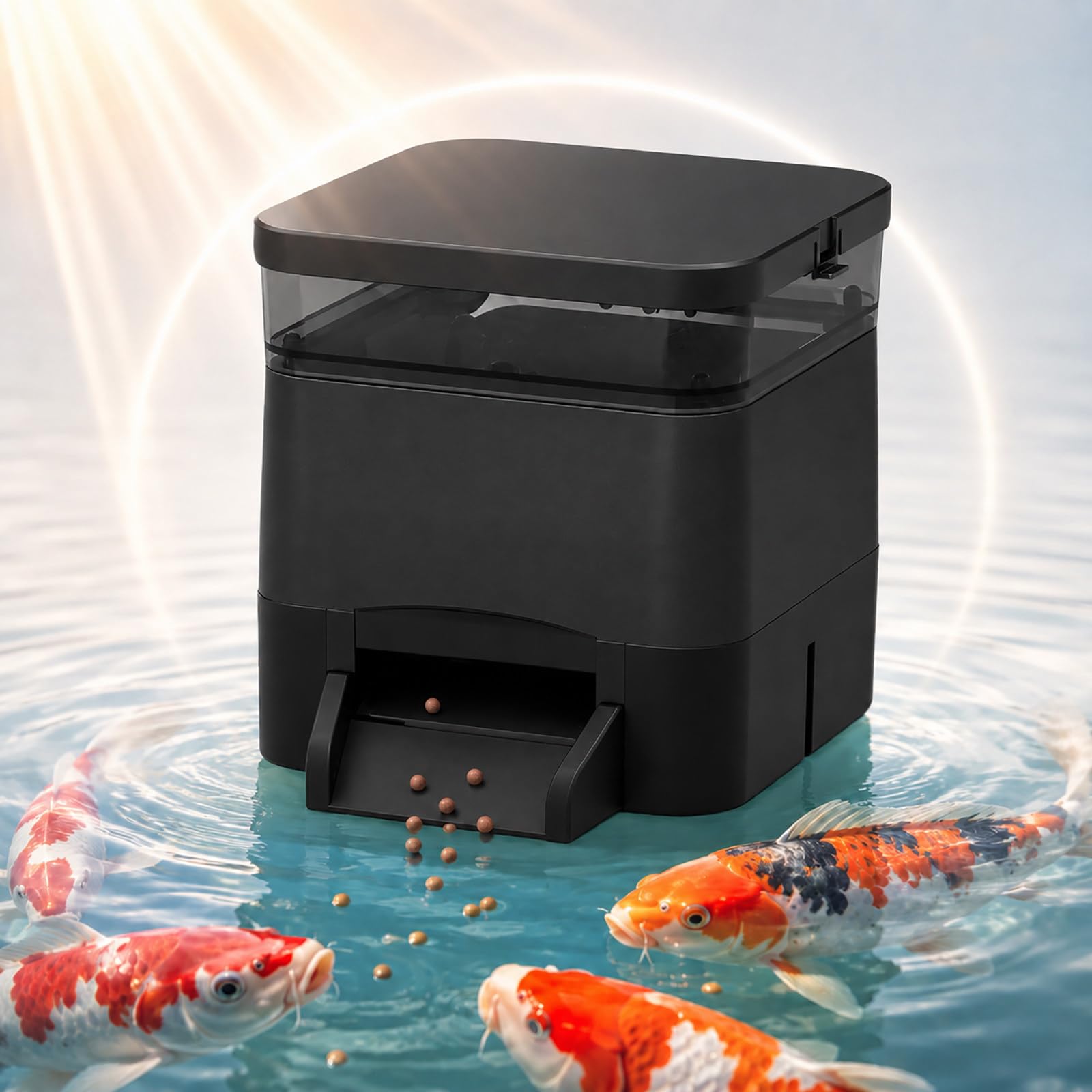 Distributore Mangime Koi 4 L - Mangiatoia Automatica Solare per Laghetti e Giardini Acquatici Black